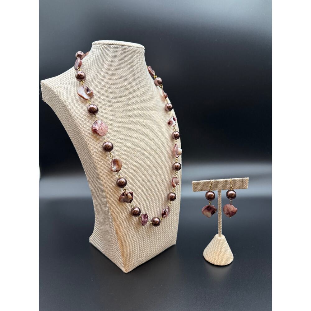 Vintage Signed EsMor Pearl & Shell Jewelry Set - Necklace & Earring Set Boho
